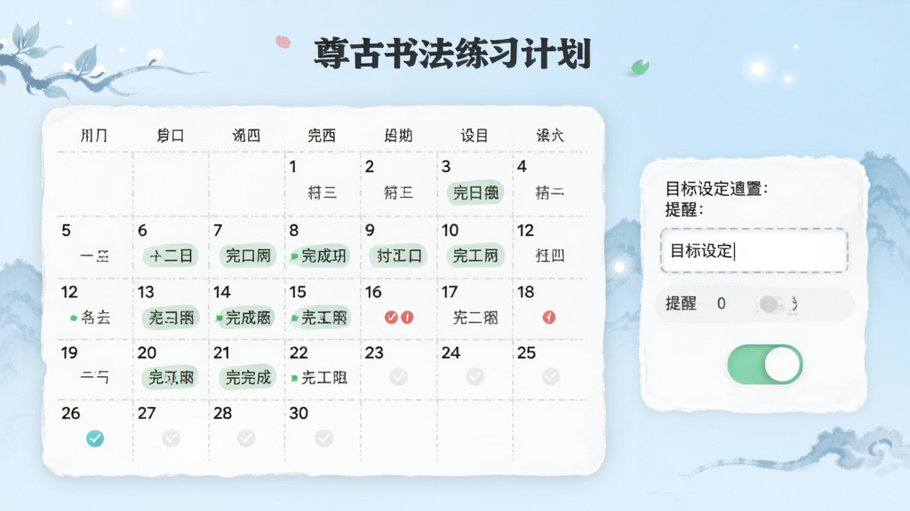����鷨��ϰ�ƻ����ý��棬��������һ��������ͼ�������ע��ÿ����ϰ���������Ա���Ŀ���趨���������ѿ��أ�����Ϊ����ɫ���䣬���������ͣ��������������ʸɾ����޶���װ��