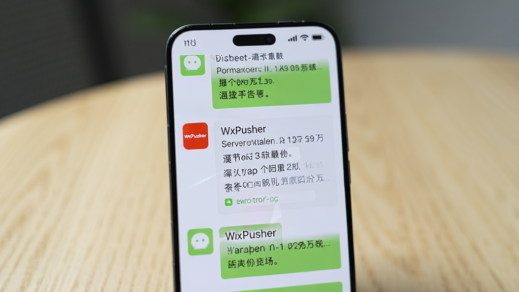 一部智能手机竖屏展示微信聊天列表界面,其中一条消息卡片带有WxPusher消息推送平台的标识,消息内容为服务器告警文本,手机放置于浅色木纹桌面,背景虚化,布局为产品展示视角,风格为写实产品摄影,细节上屏幕有轻微反光,画质为4K超清,干净,无多余元素