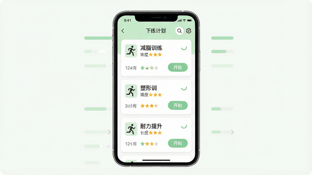 һ��չʾTT�˶�APP���Ի�ѵ���ƻ����ܵĽ���ͼ�������������ֻ���Ļ����Ļ����ʾѵ���ƻ��б���������֬ѵ��������ѵ�������������ȿ�Ƭ��ÿ�ſ�Ƭ����ѵ��ʱ�����Ѷ��Ǽ��Ϳ�ʼ��ť�����������¼�Լ���԰�ɫ��ǳ��ɫΪ��ɫ��������Ϊ�����б���ϸ�ڰ����˶�Сͼ��ͽ��ȱ�ǣ������������ɾ����޶���Ԫ��