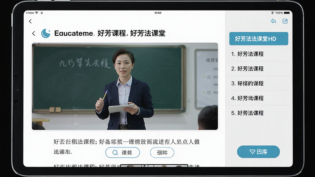 �÷�������HD��ƽ���豸�ϲ��ſγ̵Ļ��棬����Ϊƽ�������ʾ��ʦ�ڿ���Ƶ��ͬ�����壬����Ϊ��Ƶ��������Ҳ��½��б����Ű��࣬���Ϊ���½����磬ϸ�ڰ�����Ļ�������ɼ��γ̱����뻥����ť�����ʸ���ɾ����޶���Ԫ��