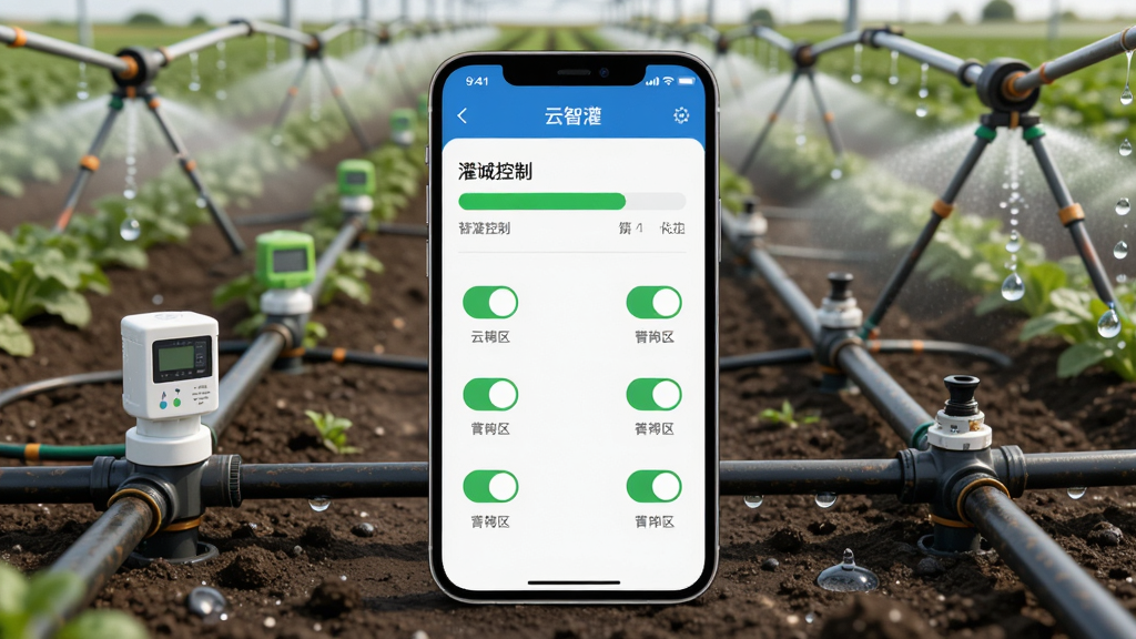 画面中央是一部智能手机,屏幕上显示着“云智灌”APP的灌溉控制界面,界面中有绿色的灌溉进度条和多个阀区开关图标,手机背景是一片整齐的农田和自动喷灌设备,布局采用居中构图,排版简洁清晰,风格为现代科技农业写实风,细节包括土壤湿度传感器、滴灌管道和水滴,画质高清,干净,无多余元素