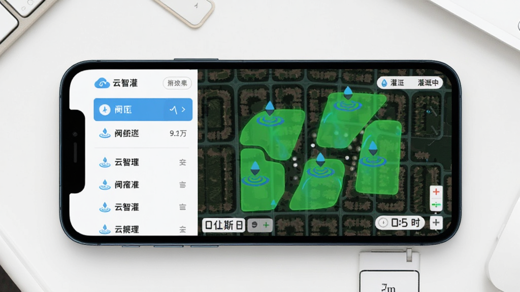 一部手机横屏显示“云智灌”APP界面,界面分为左右两栏,左侧是阀区列表,右侧是灌溉地图,地图上用绿色高亮显示正在灌溉的区域,背景是简洁的白色桌面,布局采用左右分栏排版,风格为扁平化UI设计,细节包括水波纹图标和计时器,画质清晰,干净,无多余元素