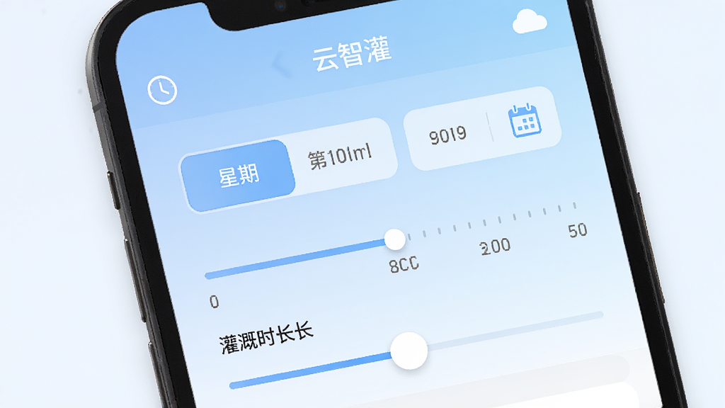 手机屏幕特写,显示“云智灌”APP的定时设置页面,页面上有星期选择按钮、时间轴和灌溉时长滑块,背景是淡蓝色渐变,布局采用上下结构,排版整齐,风格为现代简约风,细节包括时钟图标和日历图标,画质高清,干净,无多余元素
