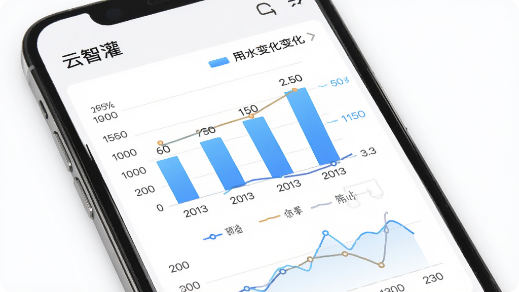 手机屏幕显示“云智灌”APP的数据统计页面,页面上有柱状图和折线图展示用水量变化,背景是简洁的白色,布局采用上下结构,排版清晰,风格为数据可视化风格,细节包括图例、坐标轴和数据标签,画质高清,干净,无多余元素