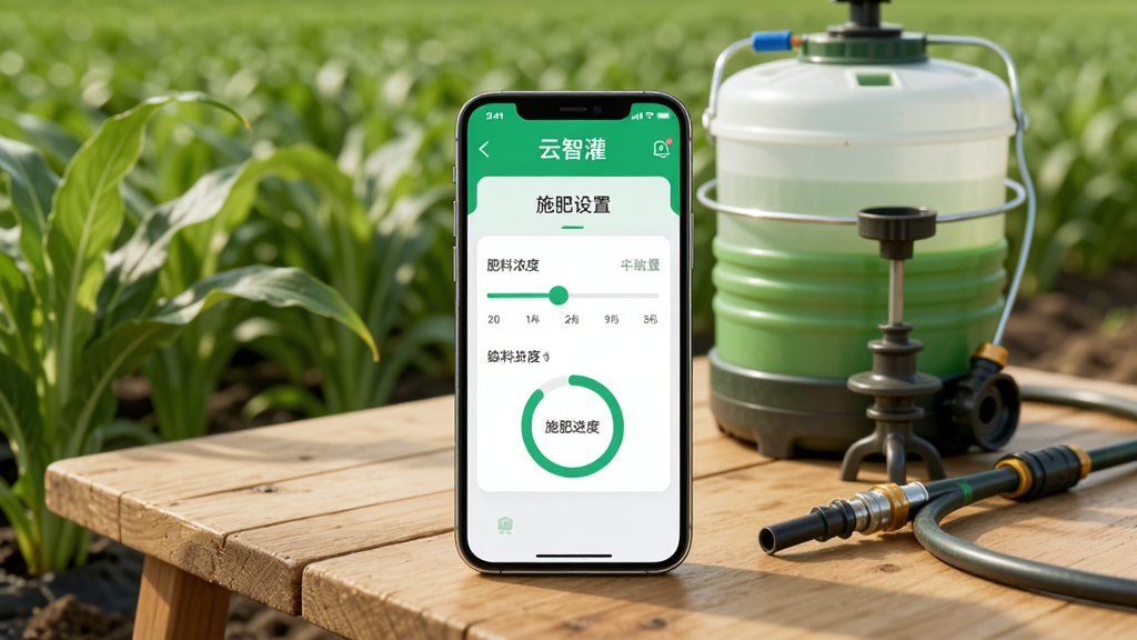 一部手机放置在农田旁的木桌上,屏幕上显示“云智灌”APP的施肥设置界面,界面中有肥料浓度调节滑块和施肥进度环,背景是绿色的作物和施肥罐,布局采用居中构图,风格为农业科技写实风,细节包括肥料桶、搅拌器和滴灌管,画质高清,干净,无多余元素