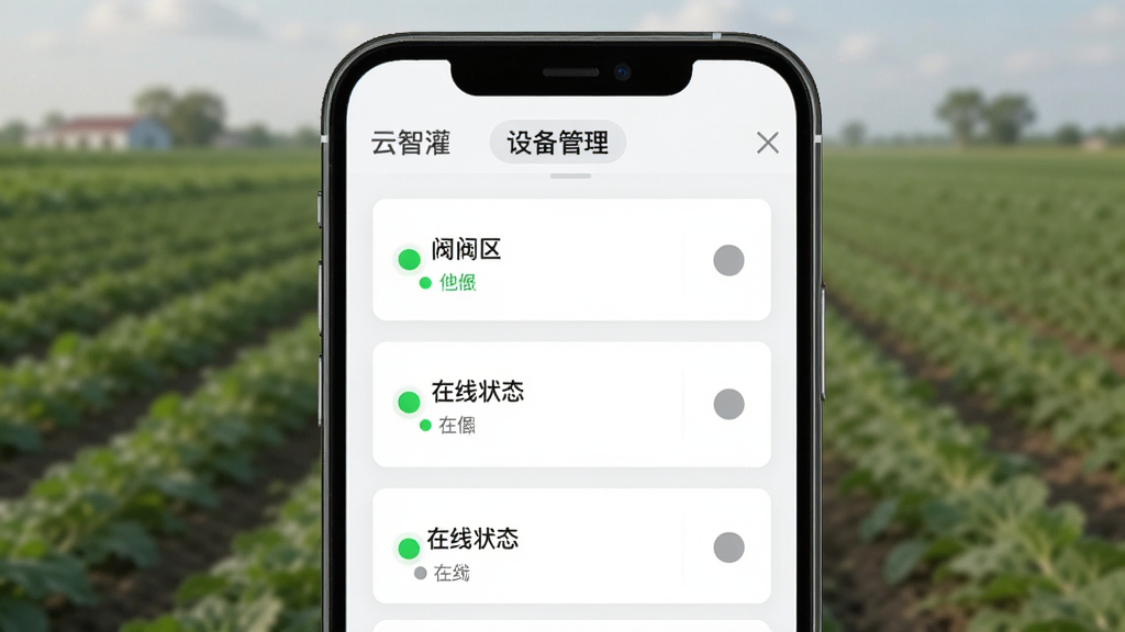 手机屏幕显示“云智灌”APP的设备管理页面,页面上有多个阀区卡片和在线状态指示灯,背景是模糊的农田,布局采用上下滚动列表,风格为现代扁平化设计,细节包括绿色在线圆点和灰色离线圆点,画质高清,干净,无多余元素