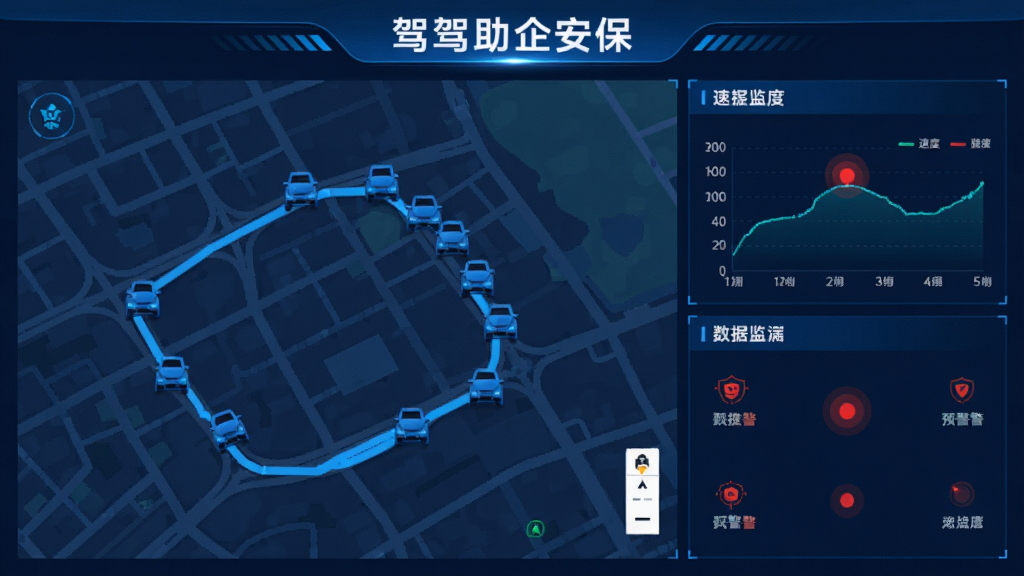 AI生图,主体为“驾驾助企安保”实时监控界面,布局为左侧地图轨迹、右侧数据面板,排版采用上下分栏结构,风格为科技蓝商务风,细节包含车辆图标、速度曲线、预警红点,画面中显示文字“驾驾助企安保”,画质高清,干净无杂乱元素