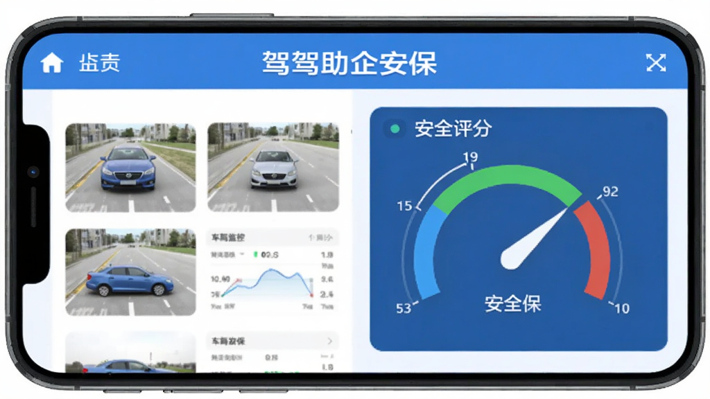 软件名称“驾驾助企安保”主界面展示,居中布局,手机屏幕内呈现车辆监控列表与安全评分仪表盘,蓝色与白色为主色调,扁平化设计风格,界面干净整洁,文字清晰显示“驾驾助企安保”,无多余装饰元素,画质清晰,适合软件下载站配图