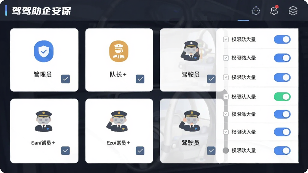 AI生图,主体为“驾驾助企安保”多角色权限管理界面,布局为角色卡片与权限开关列表,排版采用网格状分布,风格为现代扁平化,细节包含管理员、队长、驾驶员图标与勾选框,画面中显示文字“驾驾助企安保”,画质清晰,干净整洁