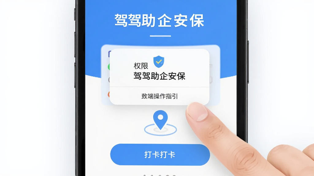 AI生图,主体为“驾驾助企安保”手机端操作指引,布局为手机屏幕与手指点击动作,排版采用中心构图,风格为清新扁平化,细节包含权限弹窗、定位图标、打卡按钮,画面中显示文字“驾驾助企安保”,画质明亮,干净无杂物