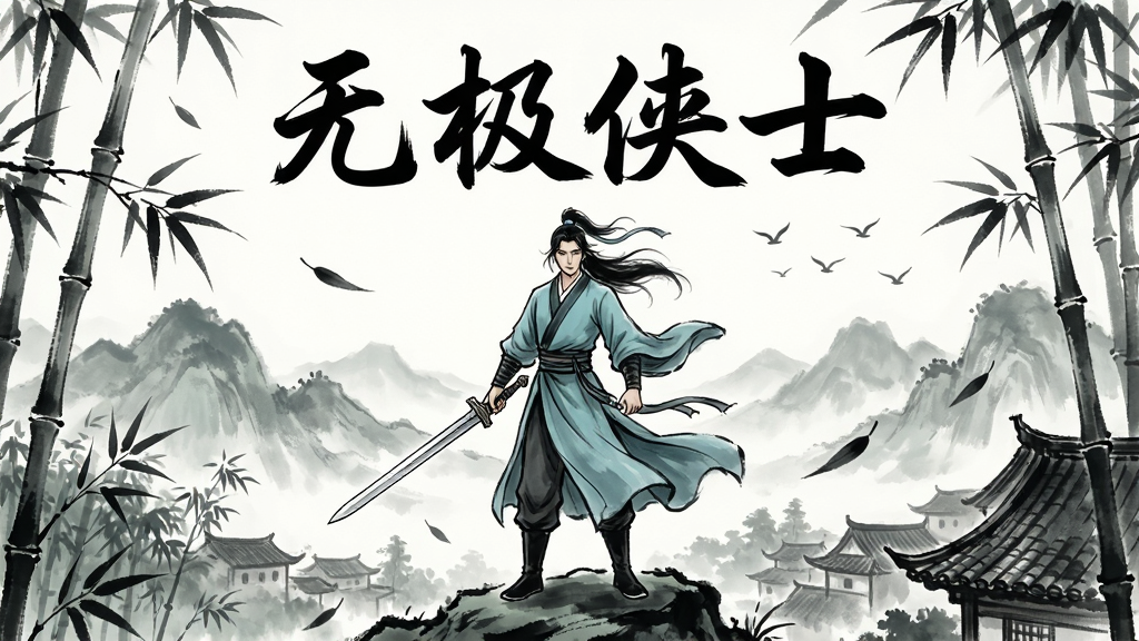 一幅展现无极侠士游戏世界的国风插画,主体是一位身穿青衫、手持长剑的侠客站在竹林之巅,背景是连绵的远山和古镇屋檐,布局采用居中构图,上方留白处用毛笔字体写着“无极侠士”四个字,风格为水墨武侠风,细节包括飘落的竹叶、侠客衣袂随风扬起、远处有飞鸟掠过,画质清晰干净,无多余元素
