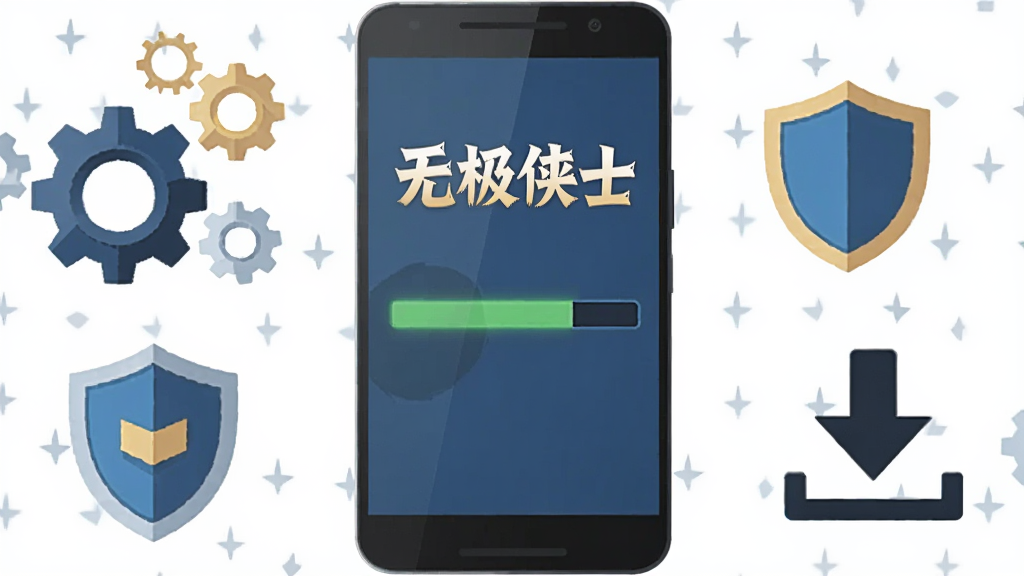 无极侠士游戏安装教程示意图,主体是一部安卓手机屏幕显示安装进度条,布局为居中展示,风格为扁平化科技风,细节包括手机周围有齿轮、盾牌、下载箭头等图标,屏幕上方有“无极侠士”文字,画质清晰,背景干净,无多余装饰