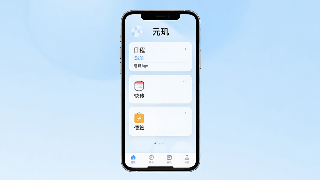 元玑APP主界面展示,手机屏幕居中,界面为浅色卡片式布局,顶部显示“元玑”文字标识,中部排列日程、快传、便签三个功能卡片,底部导航栏简洁,背景为淡蓝色渐变,风格清新简约,细节清晰,画质干净,无多余元素