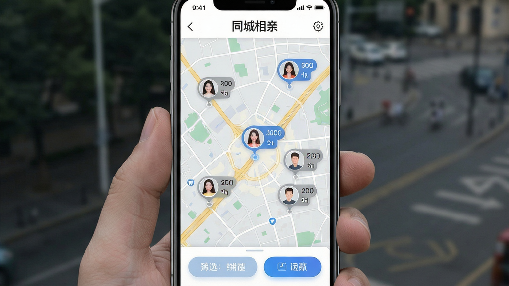 一张展示同城相亲APP基于地理位置推荐功能的界面图,画面主体是一部手机,屏幕内显示地图模式,地图上有多个用户头像气泡标注距离,顶部有“同城相亲”文字,底部有筛选按钮,布局为上下结构,风格为现代简约科技感,细节包括地图道路线条清晰、头像气泡有距离数值,画质高清,干净,无多余元素。