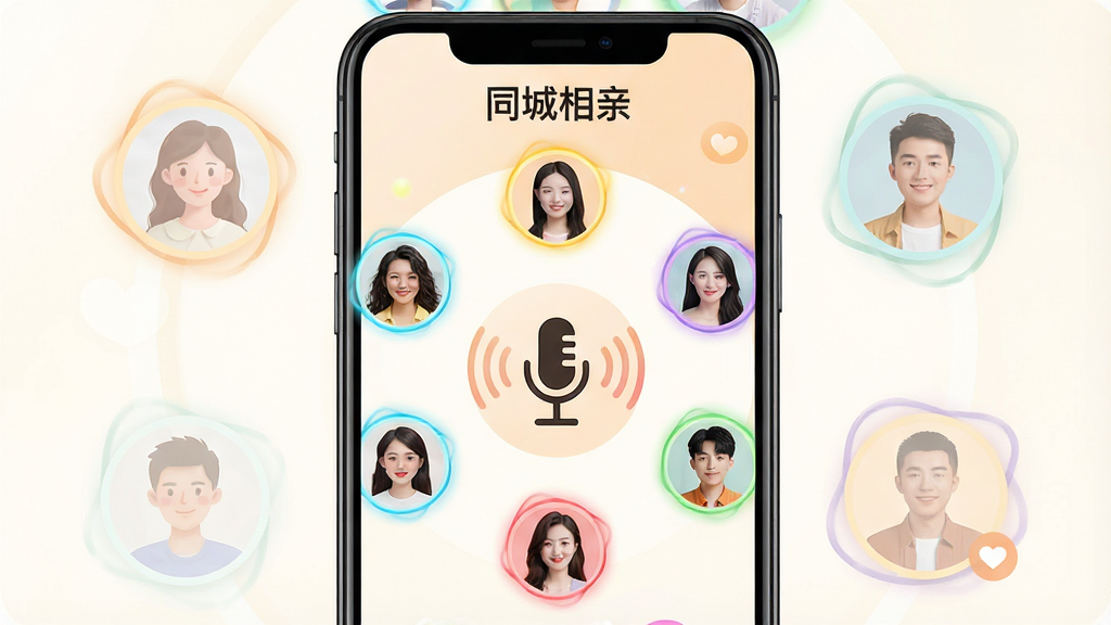 一张展示同城相亲APP互动功能的界面图,画面中央是一部手机,屏幕内显示语音速配房间界面,有多个用户头像环绕麦克风图标,顶部有“同城相亲”文字,布局为圆形环绕式,风格为活泼温暖的社交风格,细节包括麦克风图标有音波特效、用户头像有彩色光环,画质高清,干净,无多余元素。