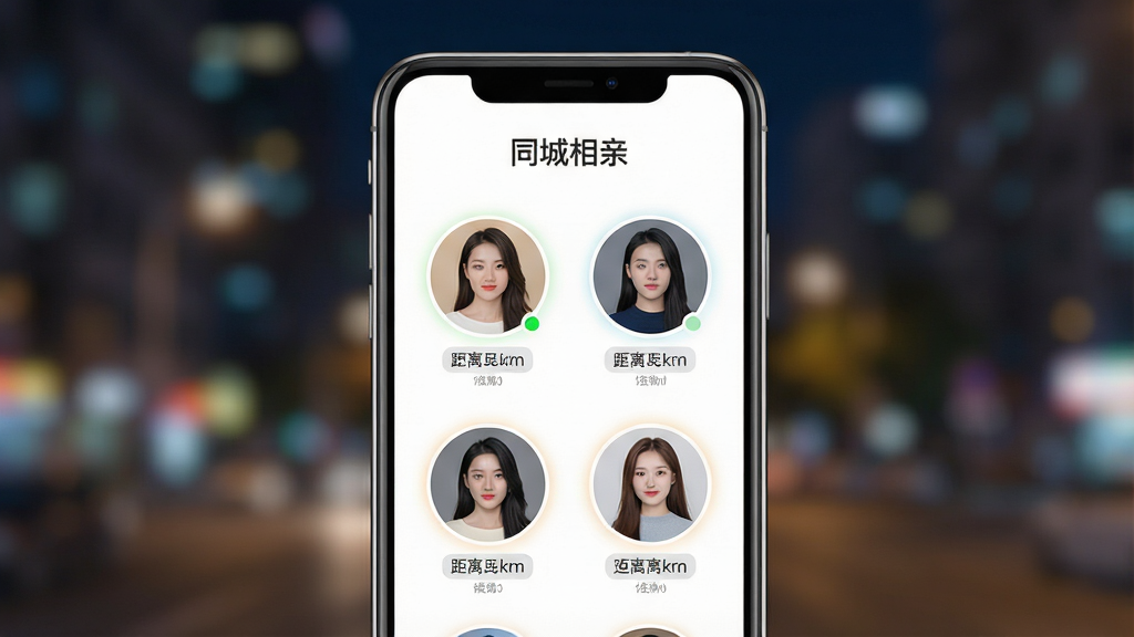 一张展现同城相亲软件核心界面的手机应用展示图,画面中央是一部竖屏智能手机,屏幕内显示同城相亲APP的推荐页,上方有“同城相亲”字样,下方排列着多位用户的圆形头像卡片和距离标签,背景是柔和的城市夜景虚化效果,整体布局居中对称,风格为清新扁平化UI设计,细节包括头像卡片带有微光描边和在线状态小绿点,画质高清,干净,无多余元素。