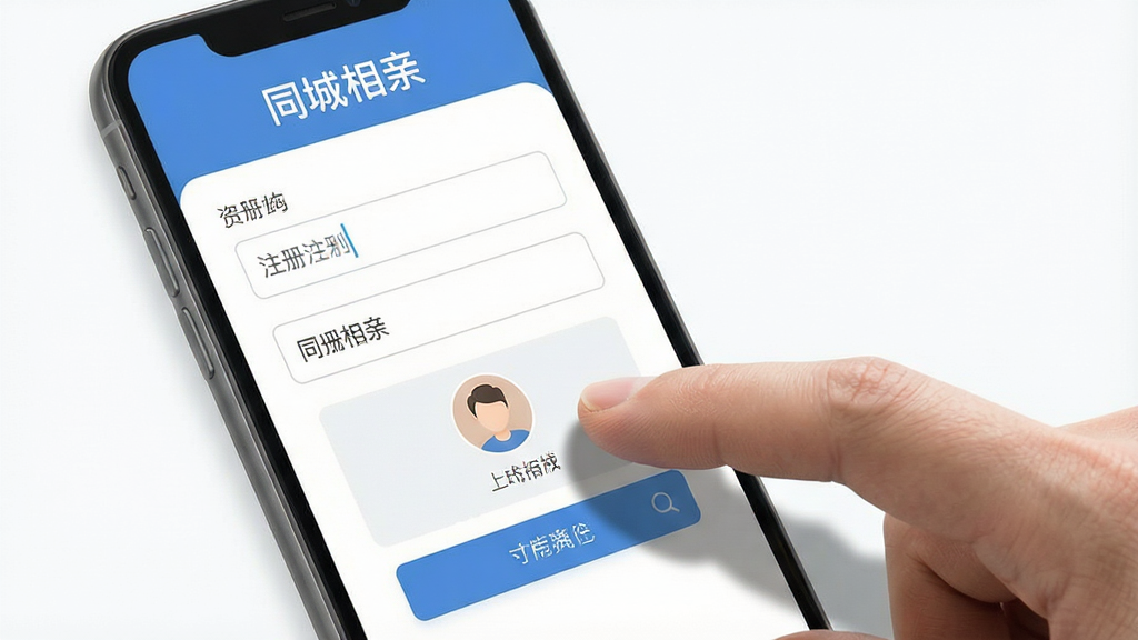 一张展示同城相亲APP使用指南的示意图,画面主体是一部手机和一只手正在点击屏幕,屏幕内显示同城相亲的注册资料填写页面,顶部有“同城相亲”文字,布局为左侧手机右侧手指点击动作,风格为写实科技风,细节包括手机屏幕有输入框和头像上传区域、手指有轻微阴影,画质高清,干净,无多余元素。