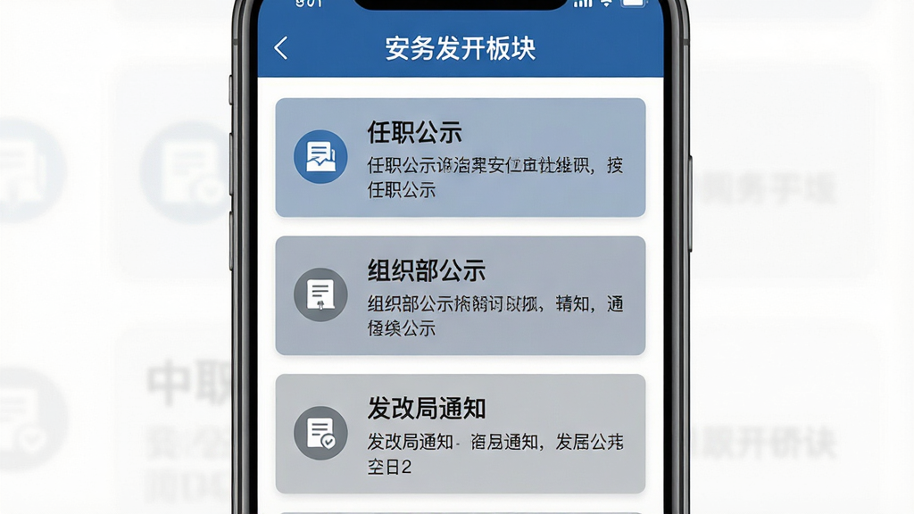 һ��չʾ���ʷ���APP���񹫿�����ͼƬ������Ϊ�ֻ���Ļ����Ļ����ʾ��ʾ�����б�����������ְ��ʾ������֯����ʾ�������ľ�֪ͨ������Ŀ������Ϊ�����Ŀ�Ƭʽ�б������ׯ�ؼ�࣬������ɫ���ɫ���䣬ϸ����ÿ���������Сͼ�꣬����Ϊ�ɾ��İ�ɫ�����ʸ��壬�ɾ����޶���Ԫ��
