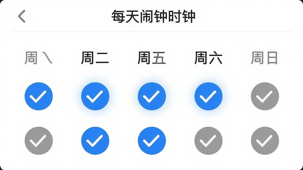 ÿ������ʱ���ظ���������ҳ�棬��������ʾ����һ�������յ�Բ�ι�ѡ��ť��������һ������Ϊ��ɫ����ѡ��״̬����������Ϊ��ɫδѡ�У���������ˬ�����С�ÿ������ʱ�ӡ�Ӧ�ñ��⣬���������ɾ�