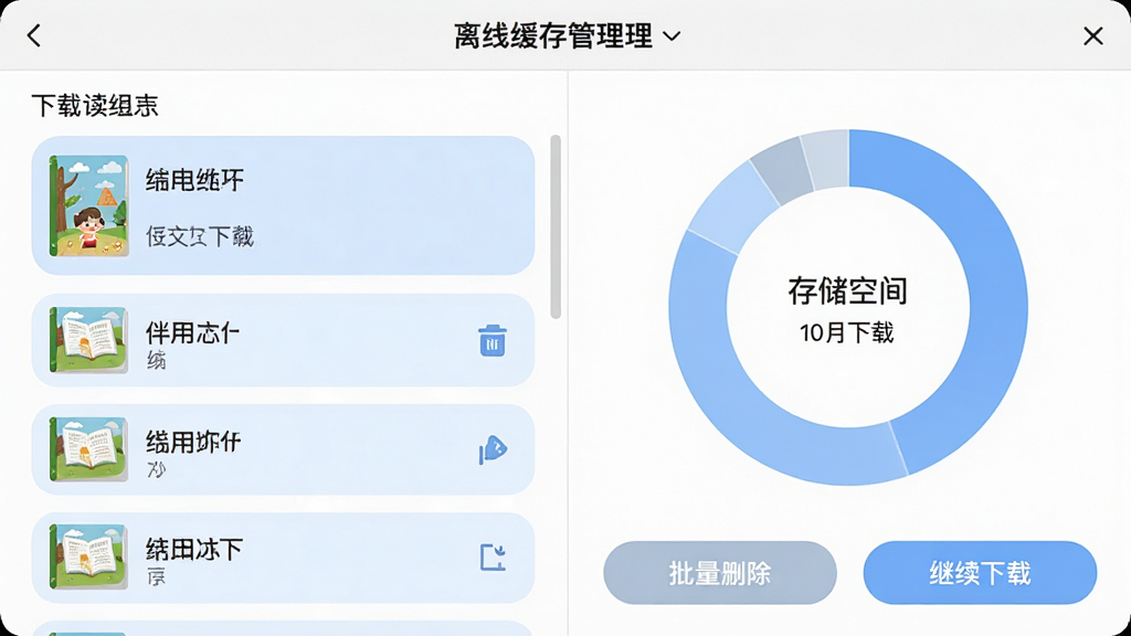 ���Ҷ�Ӣ�����߻���������棬��������������ػ汾�б����Ҳ���ʾ�洢�ռ�ʹ�û���ͼ���ײ��С�����ɾ�����롰�������ء���ť������Ϊ���ҷ��������Ϊ��๤������棬ϸ�ڰ���Բ���б�������ɫ��ɫ��������ͼ�꣬���ʸ���ɾ����޶���Ԫ��