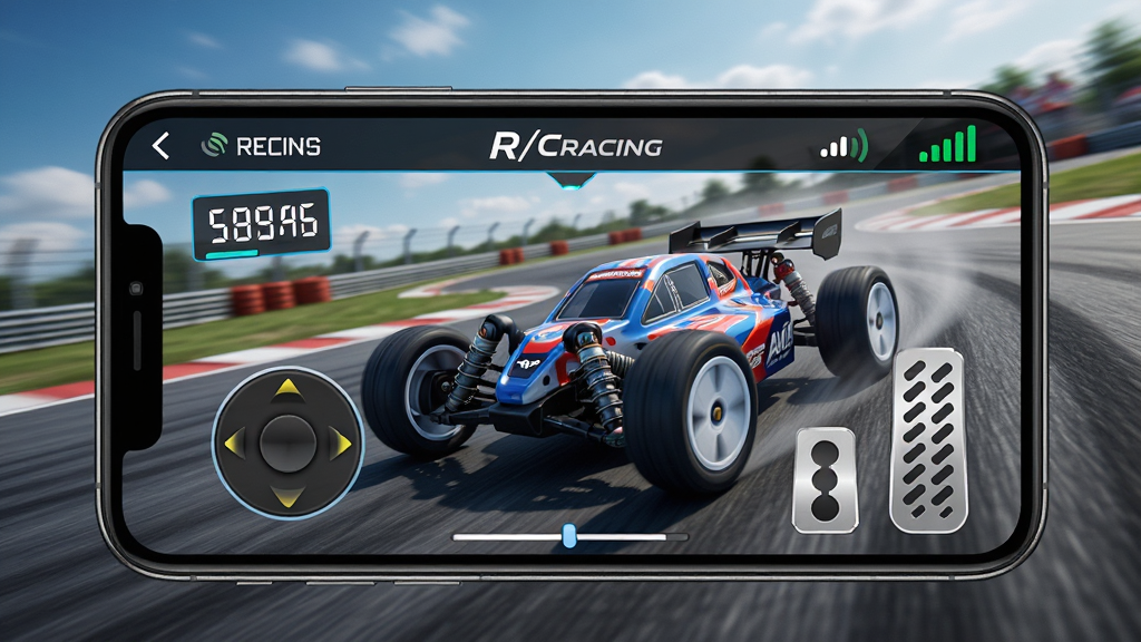 һ��չʾR/CRACINGӦ��ʵʱң�ؽ����ͼƬ���������ֻ���Ļ��ʾ����ҡ�˺����Ż��飬������ң�س��������Ϸɳۣ����Ϊ��̬�Ƽ��磬ϸ�ڰ�����Ļ�ϵ��ٶ���ֵ���ź�ǿ��ͼ�꣬�����������ɾ����޶���Ԫ��