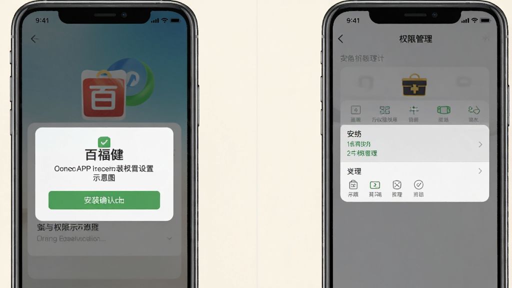 �ٸ���APP��װ��Ȩ������ʾ��ͼ������չʾ�ֻ���Ļ�ϵİ�װȷ�ϵ�����Ȩ�޹������棬����Ϊ����ǳɫ���������ֱ�ۣ�ϸ����ȷ�����ʸ��壬�޶���Ԫ��