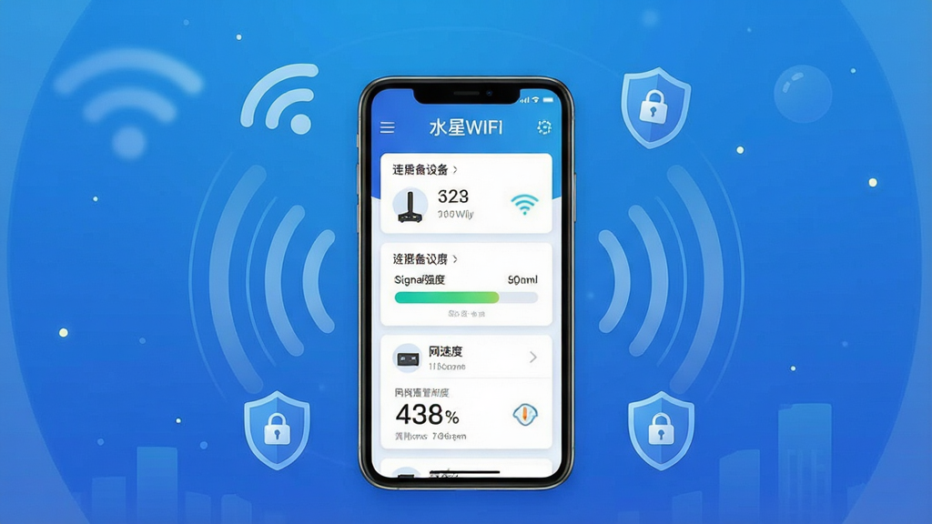 һ��չʾˮ��WiFi�豸�������ܵ�ʾ��ͼ����������Ϊһ���ֻ����ֻ���Ļ����ʾ·�����������棬�����������豸�б����ź�ǿ�������������ֵ�Ԫ�أ��ֻ���Χ����WiFi�źŲ���ͼ������ư�ȫͼ�꣬����Ϊ���л���ʽ�����Ϊ��ƽ���Ƽ��廭�磬ϸ������ɫ���䱳������ɫ��Ƭʽ���桢��������