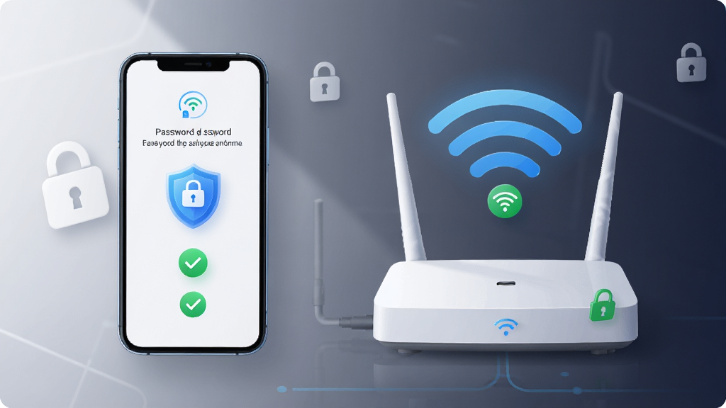 һ��չʾˮ��WiFi��ȫ�������ܵĲ廭����������Ϊһ���ֻ���һ��·�������ֻ���Ļ��ʾ�����޸Ľ����밲ȫ����ͼ�꣬·����������ɫWiFi�źţ�����Ϊ���ҶԳƣ����Ϊ�ִ���Լ�Ƽ��磬ϸ�ڰ�������ͼ�ꡢ��ɫ��ȫ�Թ�����͹�Ӱ�����ʸ��壬�ɾ����޶���Ԫ��