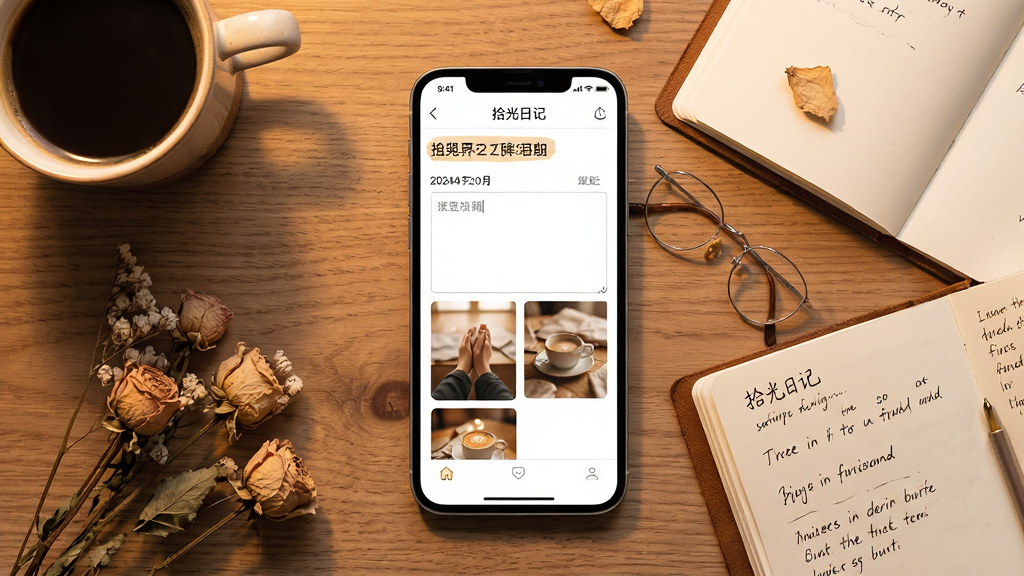 һ��չʾʰ���ռ��ֻ�Ӧ�ý����ͼƬ������������һ���ִ������ֻ�����Ļ����ʾ��ʰ���ռǵ��ռǱ༭ҳ�棬ҳ���������ڱ��⡢���������ͼ�����ܰ��������Ƭ����ͼ���ֻ���Χɢ���ſ��ȱ����ɻ���һ��������ֽ�ʱʼǱ������岼�ֲ��ø��ӽǶȣ��Ű������򣬷����ů������ϸ�ڰ�����͵�ůɫ���ƹ⡢ľ�������������ռǱ��ϵ���д����ۼ������������ɾ����޶���Ԫ��