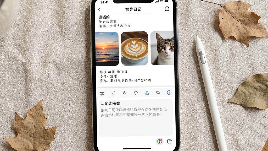ʰ���ռ�Ӧ���ڵ�ͼ�ı༭���棬��Ļ�ϰ벿����ʾһƪ����������Ƭ���ռǣ���Ƭ�ֱ��Ǻ������䡢����������һֻè�䣬�°벿�����������������ֻ�������һ��ǳɫ�����ϣ��Ա���һ֧���رʺͼ�Ƭ����Ҷ�����岼�������½ṹ����������������£�ϸ�ڰ�����ƬԲ�Ǳ߿�������Ű��࣬���������ɾ����޶���Ԫ��