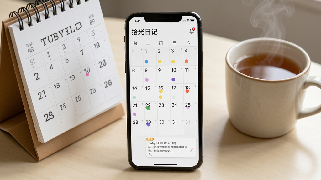 ʰ���ռǵ�������ͼ���棬��Ļ��ʾһ���������񣬲��������·��в�ɫԲ���ǣ��ֻ��Ա߷���һ��̨����һ���Ȳ裬���岼�����ֻ�Ϊ���ģ������ʵ�ã�ϸ�ڰ��������ϲ�ͬ��ɫ�������Ǻ͵�����ռ�ժҪ��Ƭ�����������ɾ����޶���Ԫ��