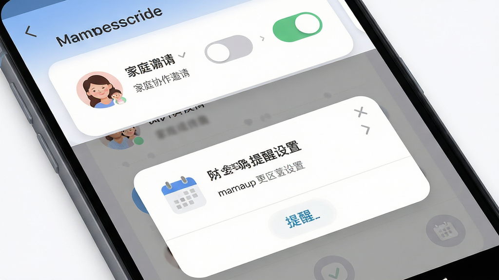 Mamaup 应用功能展示图,主体为一部安卓手机屏幕特写,画面中展示家庭协作邀请页面与提醒设置弹窗,布局为上下分层,排版清晰,风格为柔和圆角移动端界面风格,细节包含成员头像、开关按钮、日历图标,画质高清,画面干净,无多余元素