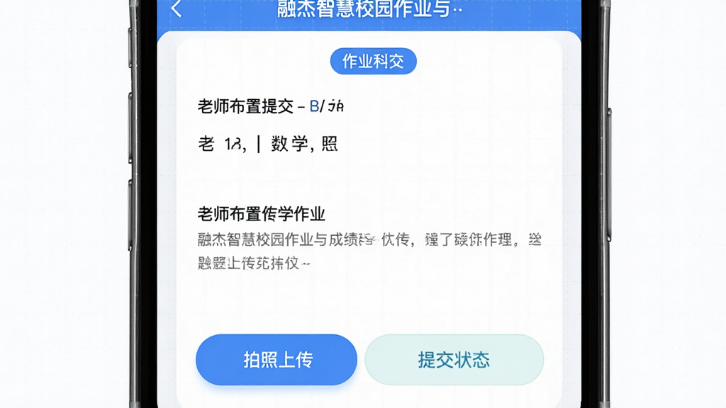 �ڽ��ǻ�У԰��ҵ��ɼ��������棬����չʾ�ֻ���Ļ����ҵ�ύҳ�棬�Ϸ���ʾ��ʦ���õ���ѧ��ҵ���·��������ϴ���ť���ύ״̬������Ϊ��ֱ���У��Ű涥���ǿ�Ŀ��ǩ�в�����Ŀ�����ײ��ǲ�����ť�����Ϊ������Ӧ����ˬ�磬ϸ���ϰ�ťΪ��ɫԲ�ǣ������е������������������ʸ���ɾ��޶���Ԫ��