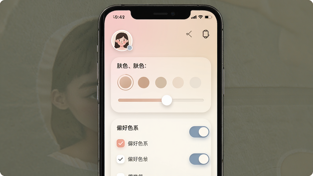 һ����ɫAPP���Ի����ý�����ֻ���ͼ����Ļ����ʾ�û�ͷ�񡢷�ɫѡ�񻬿顢ƫ��ɫϵ��ѡ����������Բ�ǣ�����Ϊǳ��ɫ����ɫ���䣬ϸ�ڰ���ɫ��Բ�������ذ�ť�����ֱ�ǩ�����ʸ��壬�ɾ����࣬�޶���Ԫ��