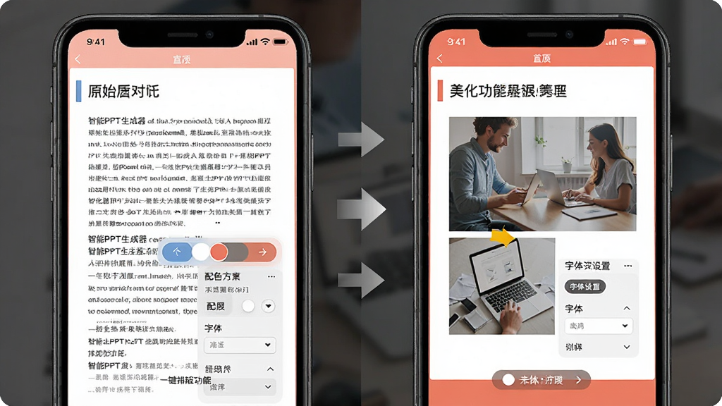 ����PPT������һ���Ű湦��չʾ������Ϊ�ֻ���Ļ��ʾPPTҳ���Զ�����ǰ��Աȣ�����Ϊ���ҷ��������Ϊԭʼ�ı����Ҳ�Ϊ�������ͼ���Ű棬�Ű�ֱ�ۣ����Ϊ�ִ���Լ��ϸ�ڰ�����ͷ��ʶ����ɫ�����л���ť����������ѡ����ʸ��壬�ɾ����޶���Ԫ��