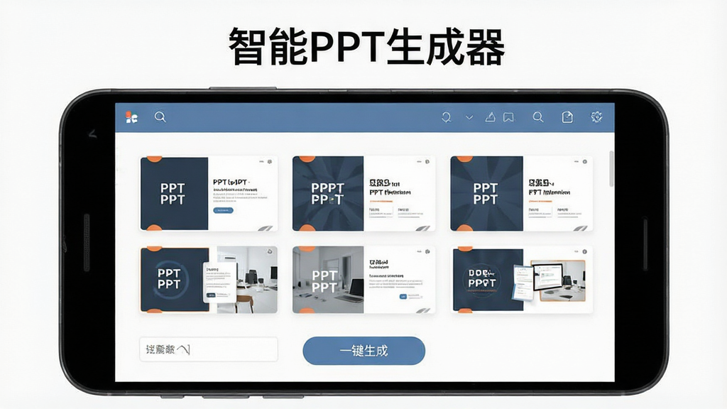 ����PPT��������������չʾ������Ϊһ̨��׿�ֻ���Ļ��ʾPPT�༭���棬���ֲ��þ��й�ͼ���Ϸ�Ϊ�������ơ�����PPT�����������м�չʾ����ģ������ͼ��һ�����ɰ�ť���Ű������������Ϊ�ִ������ƽ����ϸ�ڰ���ͼ�ꡢ���������ģ��Ԥ����Ƭ�����ʸ��壬�ɾ����޶���Ԫ��