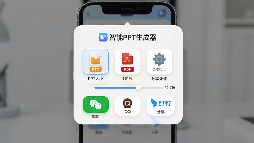 ����PPT�����������������棬����Ϊ�ֻ���Ļ��ʾ������ʽѡ�����������ͼ�꣬����Ϊ���е���ʽ���Ϸ�Ϊ������PPT����������ʶ���м�ΪPPTX��PDF�ȸ�ʽѡ��·�Ϊ΢�š�QQ������������ť���Ű����������Ϊ���Բ�ǣ�ϸ�ڰ����ļ���С��ʾ�����������������ʸ��壬�ɾ����޶���Ԫ��