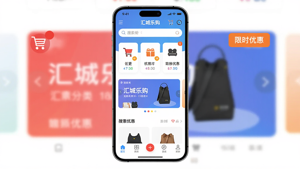 ����Ϊһ�������ֻ�����չʾ����ֹ�APP��ҳ�����ֲ��þ��й�ͼ���ֻ���Ļ�ڳ�����Ʒ����ͼ�ꡢ�ֲ������ײ����������Ű������죬���Ϊ�ִ���ƽ������UI��ƣ�ϸ�ڰ������ﳵ�Ǳꡢ��ʱ�Żݱ�ǩ�������򣬻��������ɾ����޶���Ԫ��