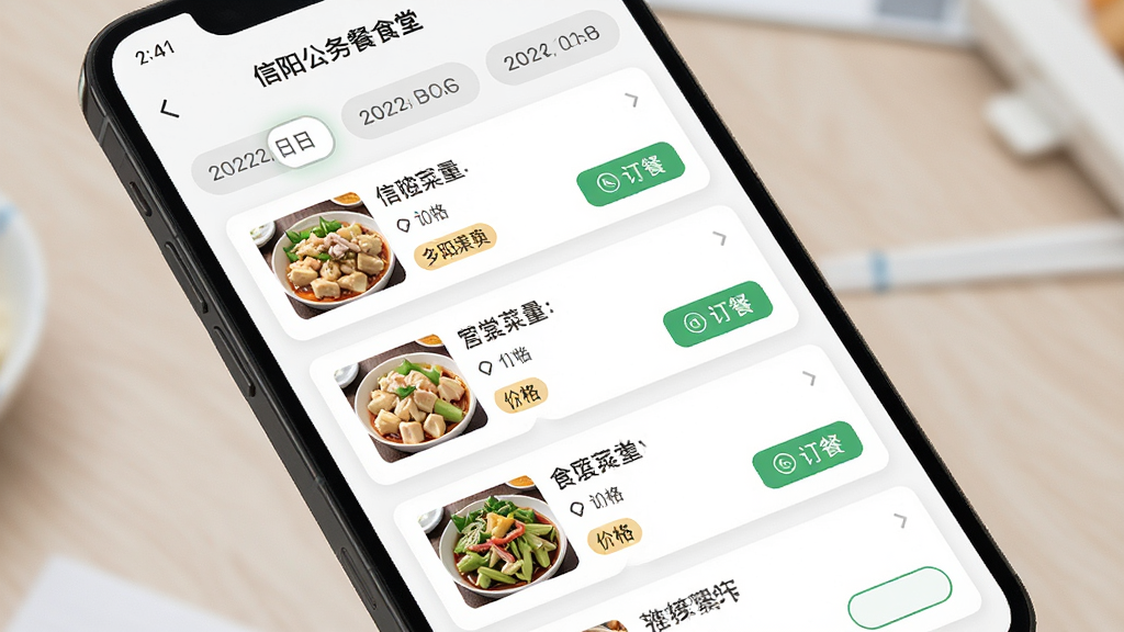 ���������ʳ�ò˵��������棬����Ϊ�ֻ���Ļչʾÿ��ʳ�ò˵��б�������Ϊ��Ƭʽ�б����У��Ű������׶������Ϊ���¼��磬ϸ�ڰ�����Ʒ���ơ��۸��ǩ�����Ͱ�ť�������л�����Ԫ�أ����ʸ���ɾ��޶���Ԫ��