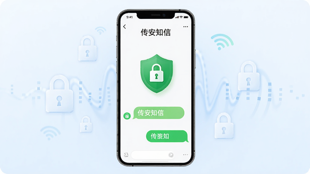 画面中央展示一部智能手机,手机屏幕显示传安知信的聊天界面,界面中有绿色盾牌图标和锁形标志,背景是柔和的蓝白渐变,周围环绕着数据加密符号和信号波纹,整体风格干净简洁,画质清晰,无多余元素,图片中文字为