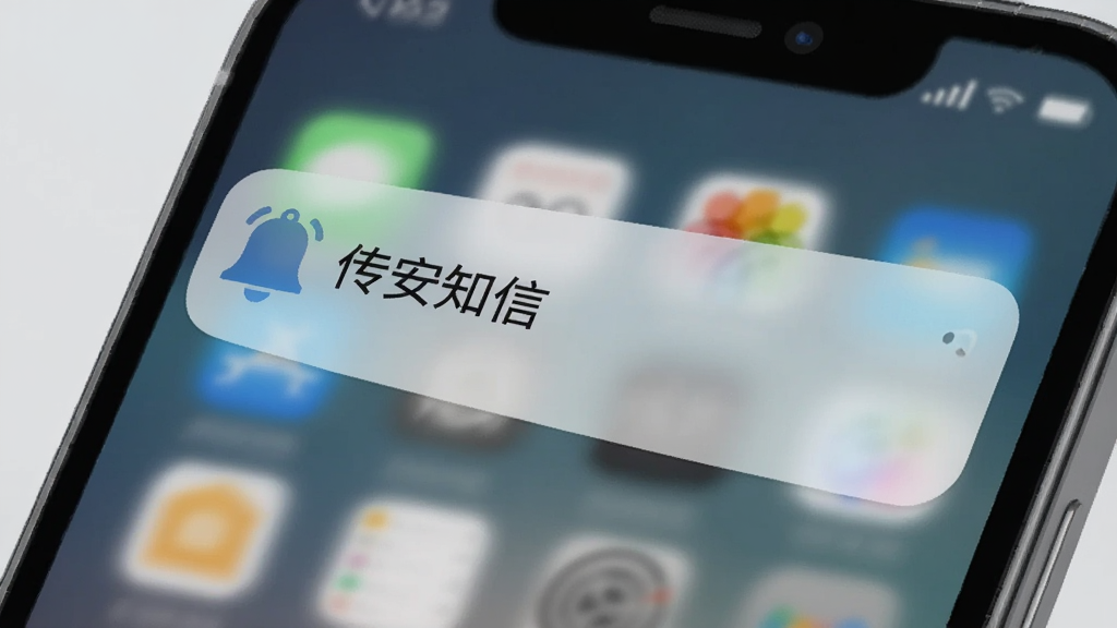 画面展示手机通知栏弹出传安知信的消息提醒卡片,卡片上有铃铛图标和