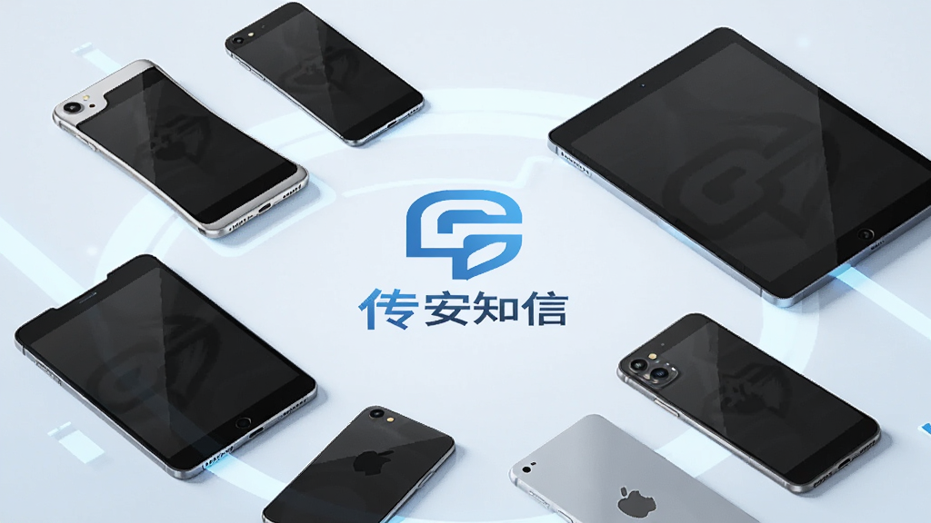 画面展示多部不同尺寸的手机、平板围绕传安知信图标排列,背景为浅蓝色科技光效,风格现代简约,图片中文字为