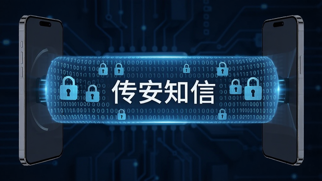 画面展示两个手机之间有一条加密通道,通道中流动着锁形图标和二进制代码,背景为深蓝色科技感风格,画面中央有