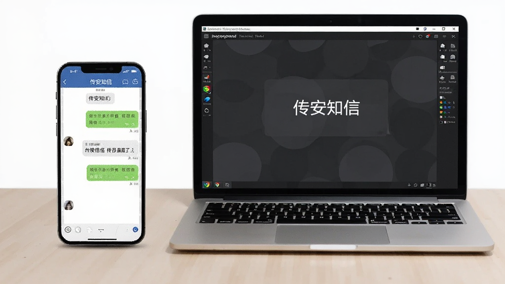 画面展示一部手机和一台笔记本电脑并排摆放,手机显示传安知信聊天界面,电脑显示模拟器运行界面,背景为浅色桌面,风格简洁清晰,图片中文字为