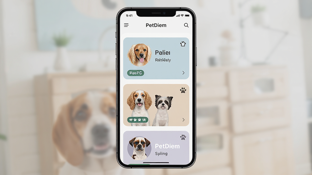 ���壺һ�������ֻ���Ļ��ʾPetDiemӦ�õĶ���ﵵ���б����棬��ֻ��ͬƷ�ֵĳ���ͷ��Ƭ�������У����֣��ֻ����У������黯���Ű棺���湹ͼ���ֻ���Ļ���������ɼ�������ִ���ƽ��UI���չʾͼ��ϸ�ڣ���Ļ���С�PetDiem�����ֱ�ʶ����Ƭ�����������ֺ�Ʒ�ֱ�ǩ�����ʣ����壬�ɾ����޶���Ԫ��