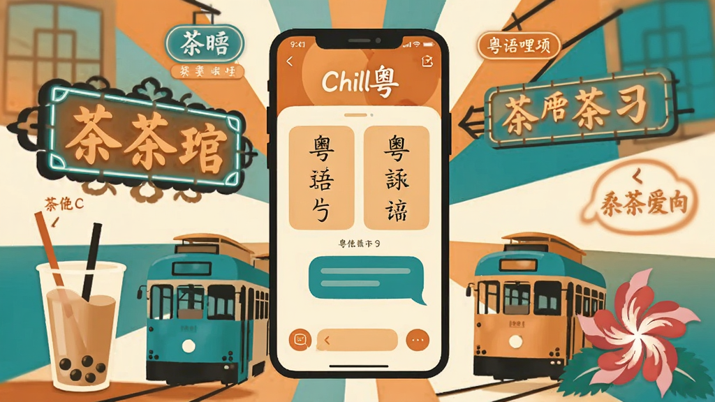 一幅展示粤语学习场景的插画,画面中央是一部智能手机,屏幕上显示着“Chill粤”应用界面,界面内有粤语拼音卡片和对话气泡,手机周围环绕着具有香港特色的元素如霓虹灯招牌、茶餐厅奶茶、叮叮车和紫荆花,整体布局采用中心放射状构图,风格为扁平化矢量插画,色彩以暖橙、青蓝和米白为主,细节包括复古窗花和粤语俚语文字标签,画质清晰干净,无多余元素