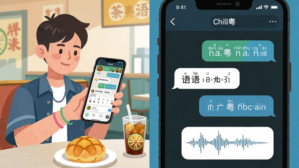 一张AI生成的插画,画面主体是“Chill粤”应用内的情景对话界面,左侧是一位年轻人拿着手机在茶餐厅点餐,右侧是手机屏幕放大图,屏幕上显示粤语对话气泡、拼音标注和发音波形图,布局采用左右分栏对比,风格为现代扁平插画,细节包括餐桌上摆放的菠萝包和冻柠茶,画质高清干净,文字内容为“Chill粤”
