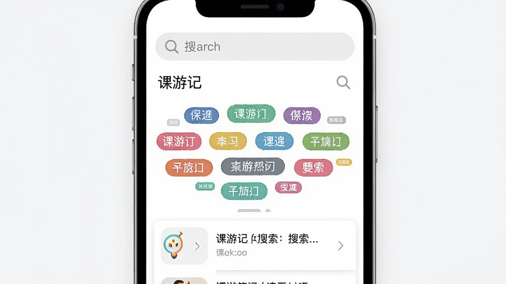 一张展示“课游记”标签搜索功能的界面图片,画面主体为手机屏幕,布局顶部为搜索框、中部为标签云区域、底部为搜索结果列表,排版层次分明,风格为清爽素雅风,细节包括彩色标签胶囊、灰色搜索图标、白色背景,画质高清干净,无多余元素