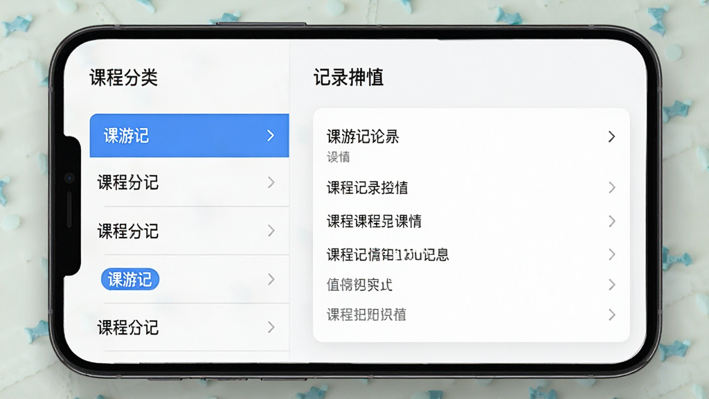 一张展示“课游记”课程记录功能的界面截图风格图片,画面主体为手机屏幕,布局左侧为课程分类列表、右侧为记录详情卡片,排版上下结构清晰,风格为简约商务风,细节包括蓝色标签、灰色分割线、白色背景卡片,画质高清干净,无多余元素
