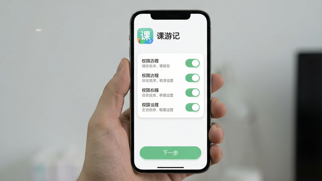 一张展示“课游记”安装与权限设置引导页面的图片,画面主体为手机屏幕竖版展示,布局顶部为应用图标和名称“课游记”、中部为权限列表开关、底部为“下一步”按钮,排版简洁明了,风格为柔和圆角浅色设计,细节包括绿色勾选图标、灰色说明文字、白色背景,画质高清干净,无多余元素